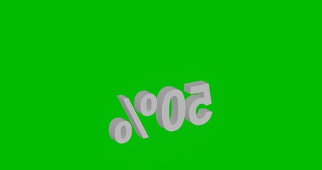 Poster - Animation of rotation of a white 50 percent symbol with shadow. Simple and complex rotation. Seamless looped 4k animation on green chroma key background