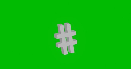 Poster - Animation of rotation of a white hash symbol with shadow. Simple and complex rotation. Seamless looped 4k animation on green chroma key background