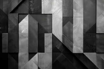 Poster - A black and white geometric wall design featuring various shapes and patterns, Form a geometric design using various shades of grey