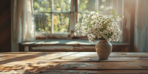 Wall Mural - White flowers on wooden table