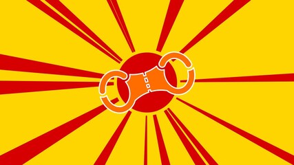 Poster - Handcuffs symbol on the background of animation from moving rays of the sun. Large orange symbol increases slightly. Seamless looped 4k animation on yellow background
