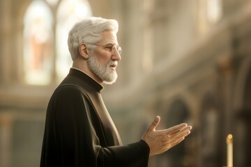 Senior Clergyman Giving a Sermon in a Sunlit Church