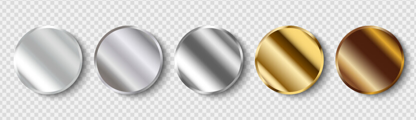 Set of realistic metallic round stickers or frames. Silver and gold round medals or badges.