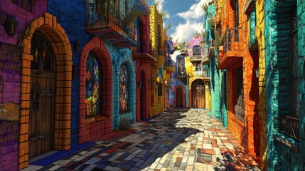 Poster - A bold 3D urban scene characterized by vibrant mosaic patterns and warm, industrial design touches, creating a dynamic and colorful cityscape