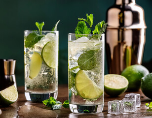 Poster - Mojito cocktails with mint, lime, ice cubes and shaker on a dark background.