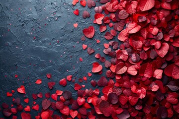 Wall Mural - Flat lay paper hearts in red on a blue background with copy space