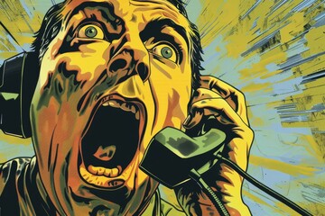 Illustration of a man in a state of panic while yelling into a phone, Frantic phone call, operator on the line