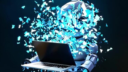 Cute friendly artificial intelligence robot using laptop computer with white neon glow light, chatbot and AI assistant is shatters into the little glass pieces