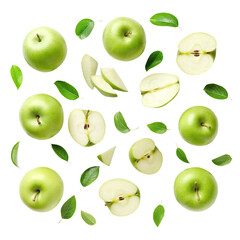 Wall Mural - Green apples with slices and leaves isolated on transparent white background, clipping path