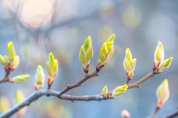 View of newly sprouted green buds on a tree branch, Freshly sprouted buds on trees
