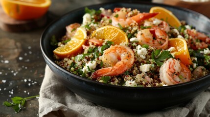 Wall Mural - Shrimp Quinoa Salad with Fresh Greens and Feta Cheese. Citrus Shrimp and Quinoa Salad with Feta