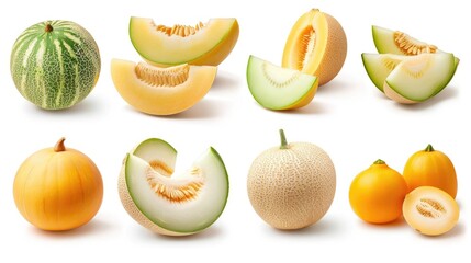 Aufkleber - Japanese melon slices and whole yellow and cantaloupe varieties isolated on white background
