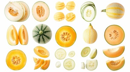 Aufkleber - Japanese melon slices and whole yellow and cantaloupe varieties isolated on white background