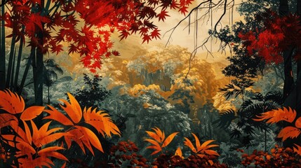 Poster - Japanese Tropical Forest in Autumn with Red and Orange Maple Leaves