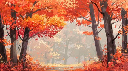 Poster - Japanese Tropical Forest in Autumn with Red and Orange Maple Leaves
