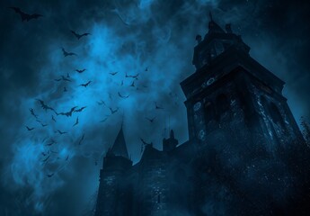 Wall Mural - a scary castle at night with bats flying around in a dark atmosphere or environment, halloween inspi