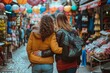 © Iftikhar alam - Pair of women walking arm in arm through a market alley, surrounded by stalls and people, Friends walking arm in arm through a colorful street market