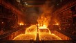© Thanyaporn - A wide-angle shot of a large steel mill with molten metal being poured into molds. The image captures the intense heat and energy involved in metal production. The background includes various