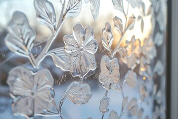 Poster - A glass window featuring a flower design in frosted or etched style, Frosted or etched designs