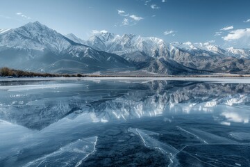 Sticker - A frozen lake with mountains reflected in it, showcasing a stunning winter landscape, Frozen lake reflecting the snow-capped mountains in the distance