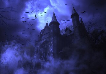Wall Mural - a scary castle at night with bats flying around in a dark atmosphere or environment, halloween inspi