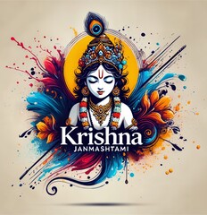 Wall Mural - Abstract watercolor illustration of lord krishna portrait for janmashtami.
