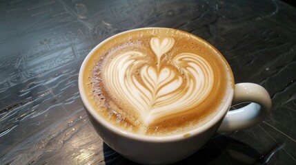 Canvas Print - View of heart latte art on cafe latte in cup