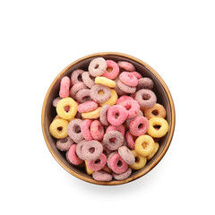 Wall Mural - Bowl with colorful sweet cereal rings on white background