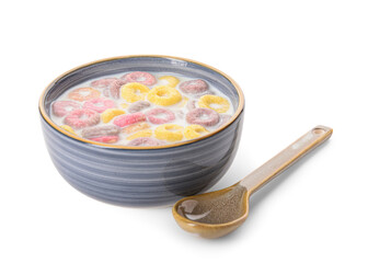 Wall Mural - Bowl of colorful sweet cereal rings with milk on white background