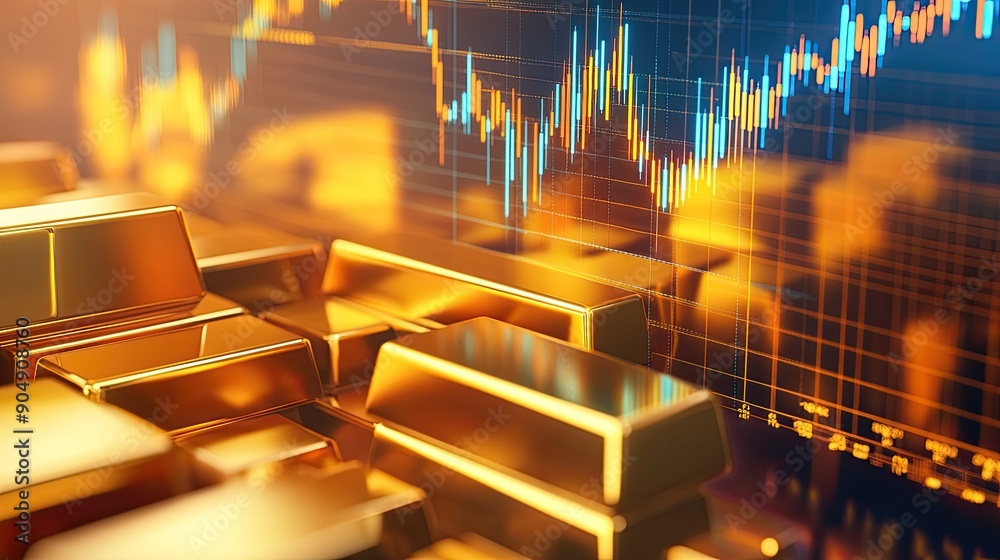 Financial chart showing gold prices with golden bars in the background ...