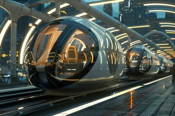 Poster - A futuristic train zooming through a bustling city landscape, showcasing advanced transportation technology, Futuristic transportation systems like levitating pods or pneumatic tubes