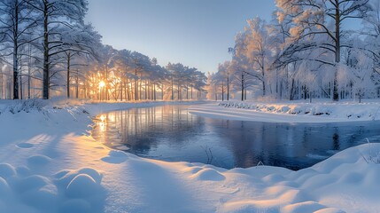 snow-covered trees surround a serene river at sunrise, casting a warm golden glow on the crisp lands