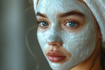 Wall Mural - Young woman with a white towel on her head and a face mask on her face