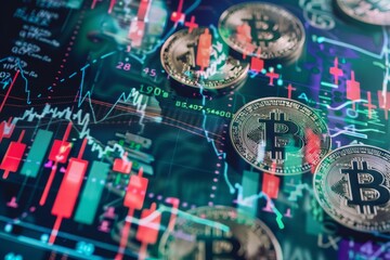 Poster - Visual representation of bitcoins alongside a stock chart, illustrating their performance, Generate a digital collage featuring various cryptocurrency symbols and stock market charts