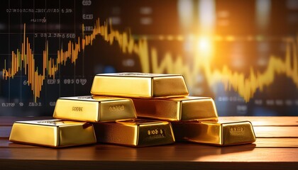 Gold bars with fluctuating stock market graphs in the background, gold trading, market volatility