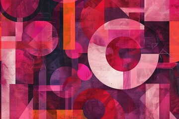 Poster - Geometric design in pink and orange hues with letters intertwined on a crimson background, Generate a modern geometric design on a crimson background