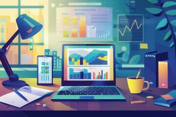 Aufkleber - A laptop displays financial data surrounded by a smartphone, coffee cup, and charts, creating a productive home office atmosphere. Generative AI