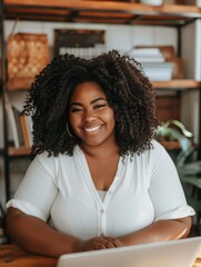 Poster - Portrait of a smiling young woman with curly hair sitting at her desk and looking at the camera. AI.