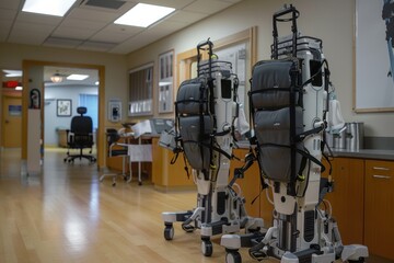 Poster - Two advanced medical robots equipped with robotic exoskeletons navigate a hospital hallway, Generate a space with robotic exoskeletons for patients to aid in physical therapy and rehabilitation