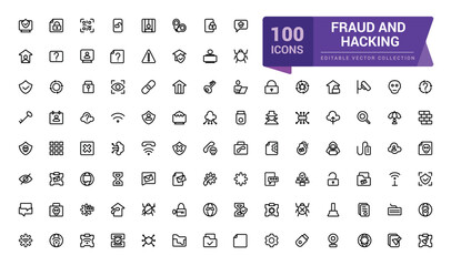 Poster - fraud and hacking line icon set. contains linear outline icons as virus, fraud, threat, theft, hacke