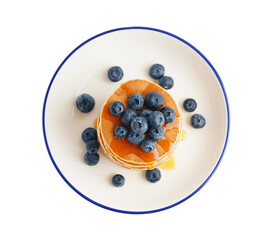 Wall Mural - Plate with tasty pancakes and blueberries isolated on white background