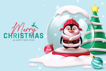 Wall Mural - Christmas snow globe penguin character vector design. Merry christmas and happy new year greeting text with cute penguin in glass crystal ball for winter season background. Vector illustration holiday