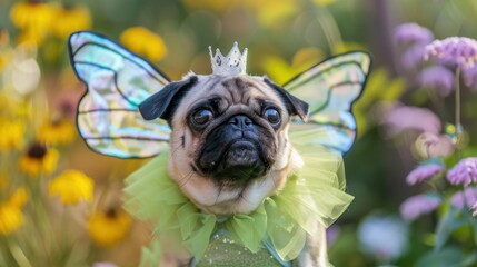 Wall Mural - A small pug dog dressed up as a fairy princess. AI.