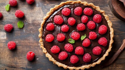 Wall Mural - A chocolate tart with fresh raspberries, viewed from above.