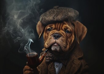 Poster - A dog wearing a hat smoking and holding his pipe. AI.