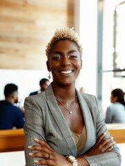 Sticker - A woman in a suit smiling while standing at the table. AI.