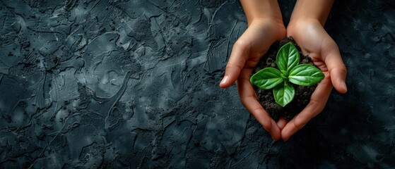 Wall Mural - Two hands holding a small green plant in soil. AI.