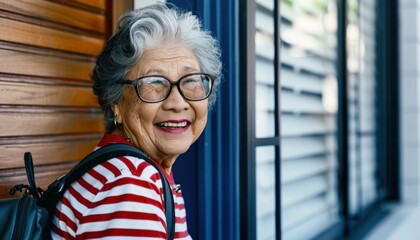 Canvas Print - A woman with glasses and a backpack smiles for the camera. AI.