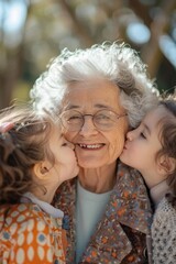 Sticker - An older woman kissing two young girls on the cheek. AI.