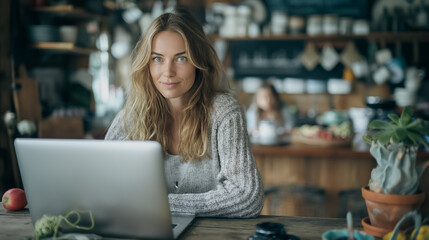 Wall Mural - A woman is sitting at a table with a laptop in front of her. She is wearing a gray sweater and has long blonde hair. The scene appears to be a casual and comfortable setting